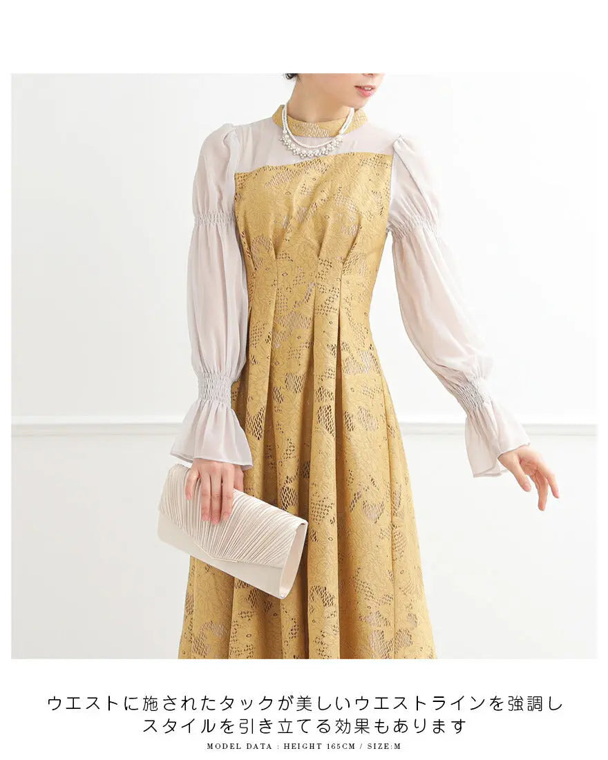 ドレスパーティードレス結婚式ワンピースお呼ばれロング春夏フォーマルプリーツパーティーレースロングドレス袖あり大きいサイズ