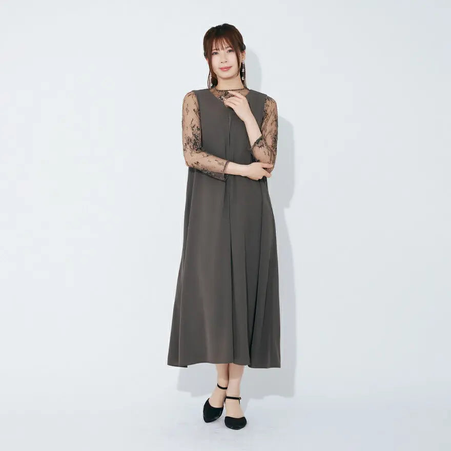 ドレスパーティードレス結婚式ワンピースお呼ばれロング春夏フォーマルプリーツパーティーレースロングドレス袖あり大きいサイズ