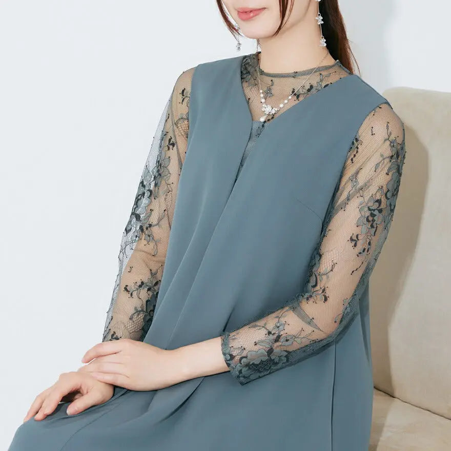 ドレスパーティードレス結婚式ワンピースお呼ばれロング春夏フォーマルプリーツパーティーレースロングドレス袖あり大きいサイズ