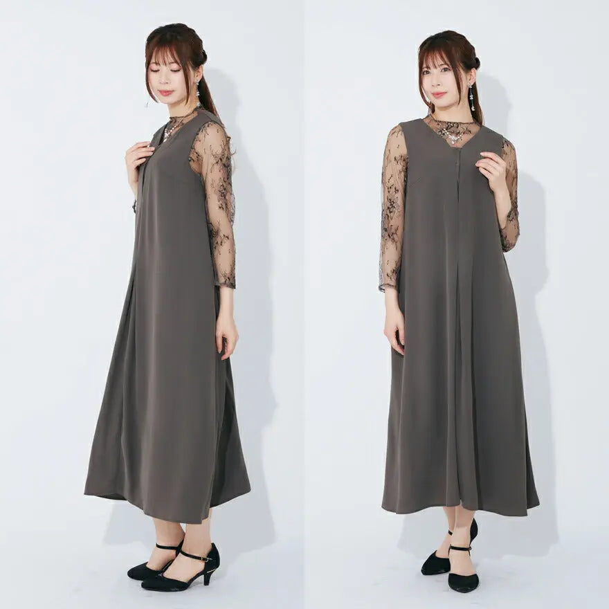 フェイクレイヤードワンピース ドレス パーティードレス  結婚式 お呼ばれ ドレス ロング チュール 春夏 フォーマル レース パーティー ロングドレス 袖あり 大きいサイズ パーティードレス通販TwinkleGIrls