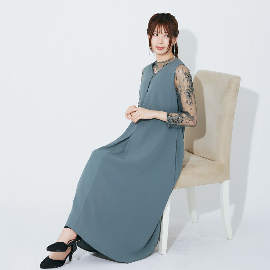 フェイクレイヤードワンピース ドレス パーティードレス  結婚式 お呼ばれ ドレス ロング チュール 春夏 フォーマル レース パーティー ロングドレス 袖あり 大きいサイズ パーティードレス通販TwinkleGIrls