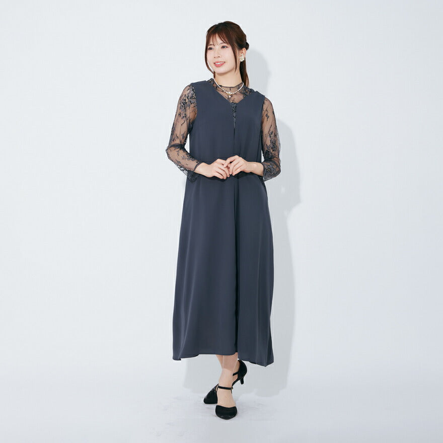 ドレスパーティードレス結婚式ワンピースお呼ばれロング春夏フォーマルプリーツパーティーレースロングドレス袖あり大きいサイズ