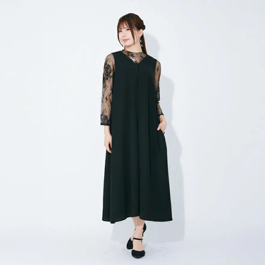 ドレスパーティードレス結婚式ワンピースお呼ばれロング春夏フォーマルプリーツパーティーレースロングドレス袖あり大きいサイズ