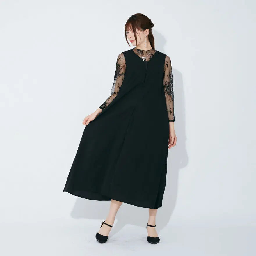 ドレスパーティードレス結婚式ワンピースお呼ばれロング春夏フォーマルプリーツパーティーレースロングドレス袖あり大きいサイズ