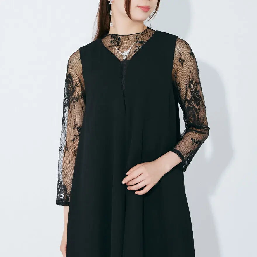 ドレスパーティードレス結婚式ワンピースお呼ばれロング春夏フォーマルプリーツパーティーレースロングドレス袖あり大きいサイズ