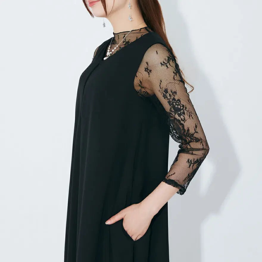 ドレスパーティードレス結婚式ワンピースお呼ばれロング春夏フォーマルプリーツパーティーレースロングドレス袖あり大きいサイズ