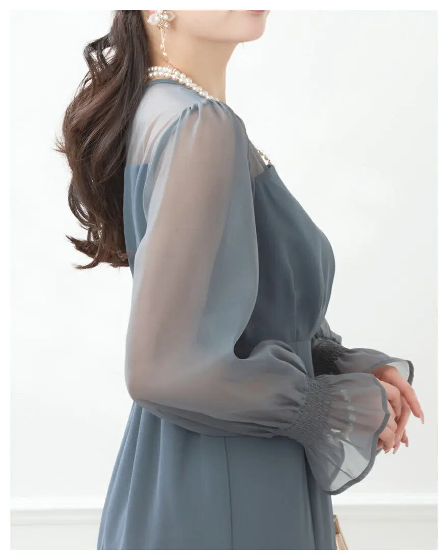 ドレスパーティードレス結婚式ワンピースお呼ばれロング春夏フォーマルプリーツパーティーレースロングドレス袖あり大きいサイズ