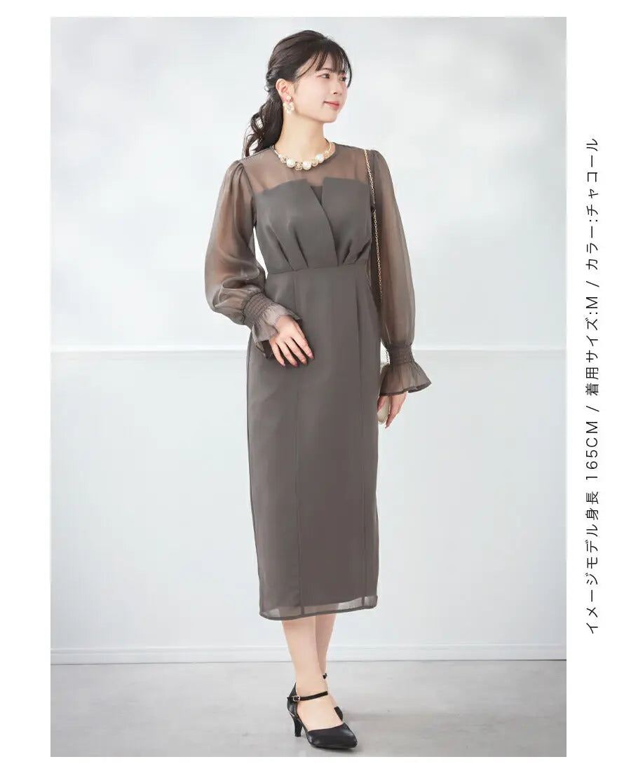 大きめパフスリーブと小花柄の刺繍レースワンピースドレスパーティードレス結婚式お呼ばれドレスワンピースロングボレロ秋冬フォーマルレースパーティーロングドレス袖あり大きいサイズ