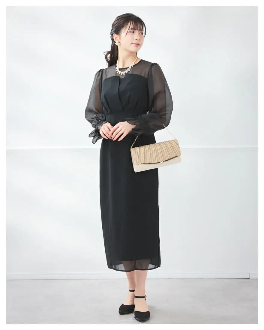 ドレスパーティードレス結婚式ワンピースお呼ばれロング春夏フォーマルプリーツパーティーレースロングドレス袖あり大きいサイズ