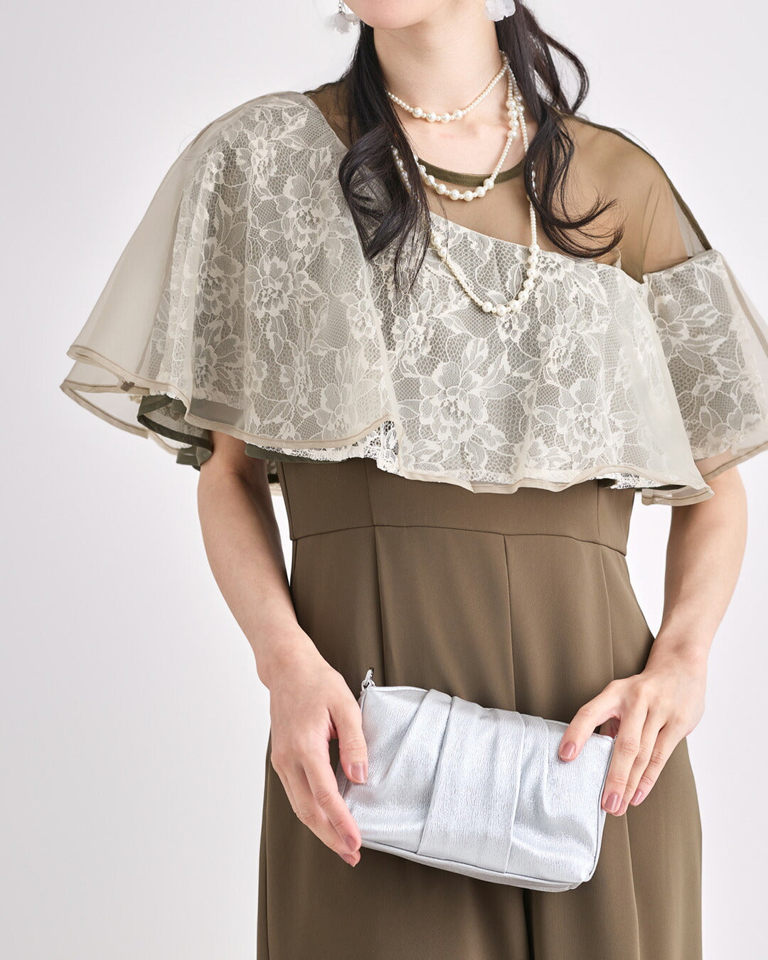 ドレスパーティードレス結婚式ワンピースお呼ばれロング春夏フォーマルプリーツパーティーレースロングドレス袖あり大きいサイズ