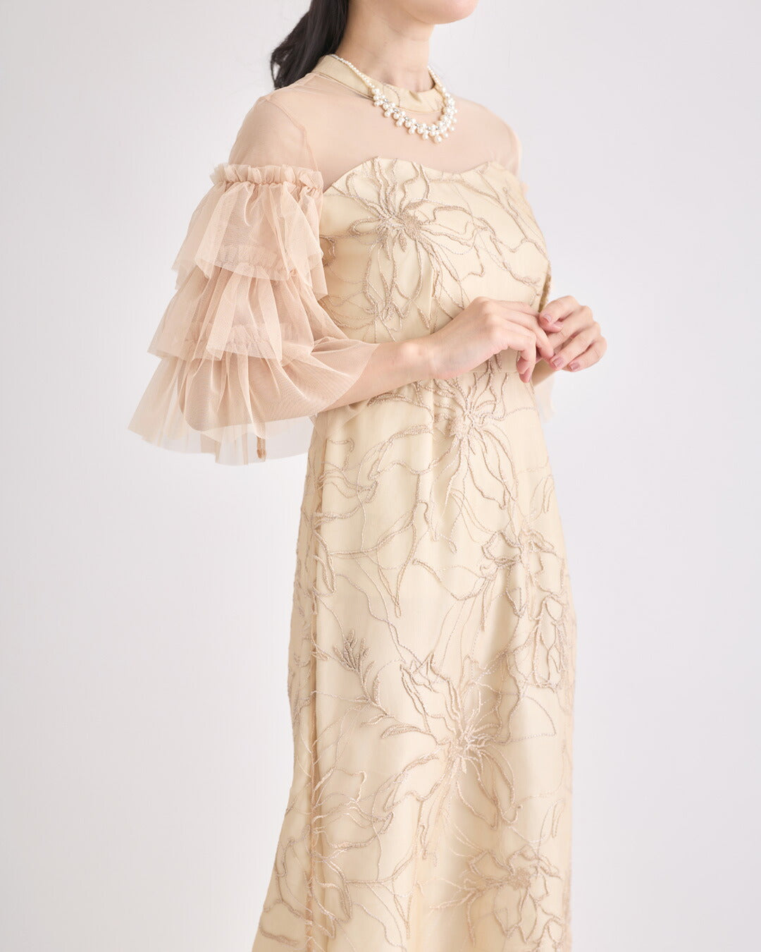 ドレスパーティードレス結婚式ワンピースお呼ばれロング春夏フォーマルプリーツパーティーレースロングドレス袖あり大きいサイズ