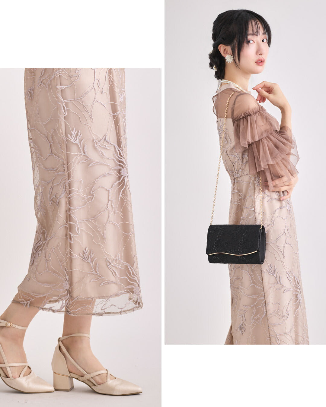 ドレスパーティードレス結婚式ワンピースお呼ばれロング春夏フォーマルプリーツパーティーレースロングドレス袖あり大きいサイズ