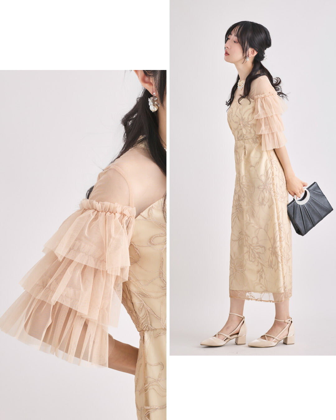 ドレスパーティードレス結婚式ワンピースお呼ばれロング春夏フォーマルプリーツパーティーレースロングドレス袖あり大きいサイズ