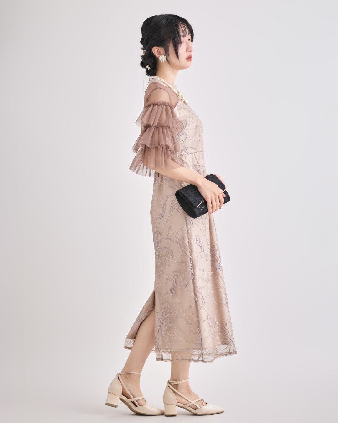 ドレスパーティードレス結婚式ワンピースお呼ばれロング春夏フォーマルプリーツパーティーレースロングドレス袖あり大きいサイズ