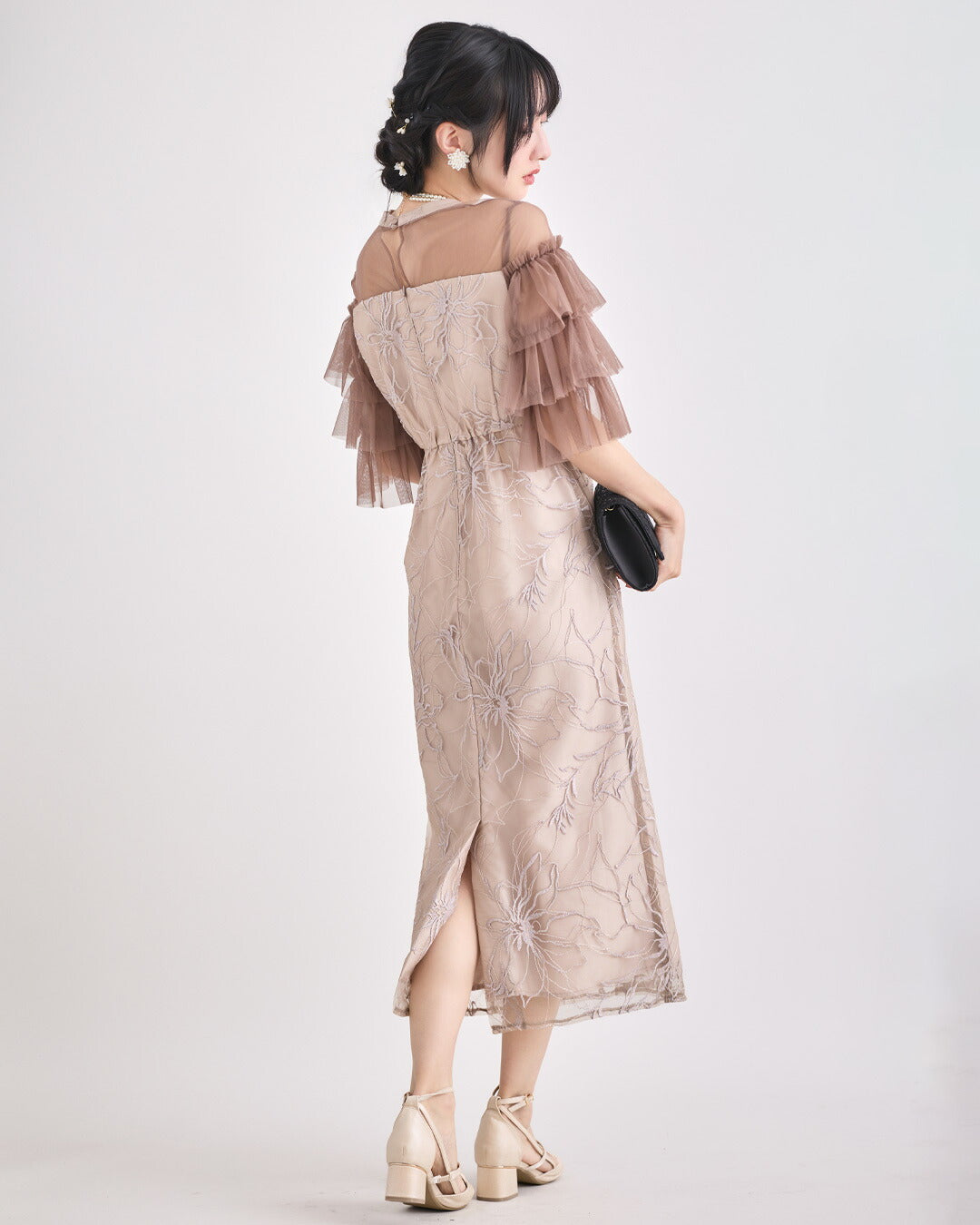 ドレスパーティードレス結婚式ワンピースお呼ばれロング春夏フォーマルプリーツパーティーレースロングドレス袖あり大きいサイズ