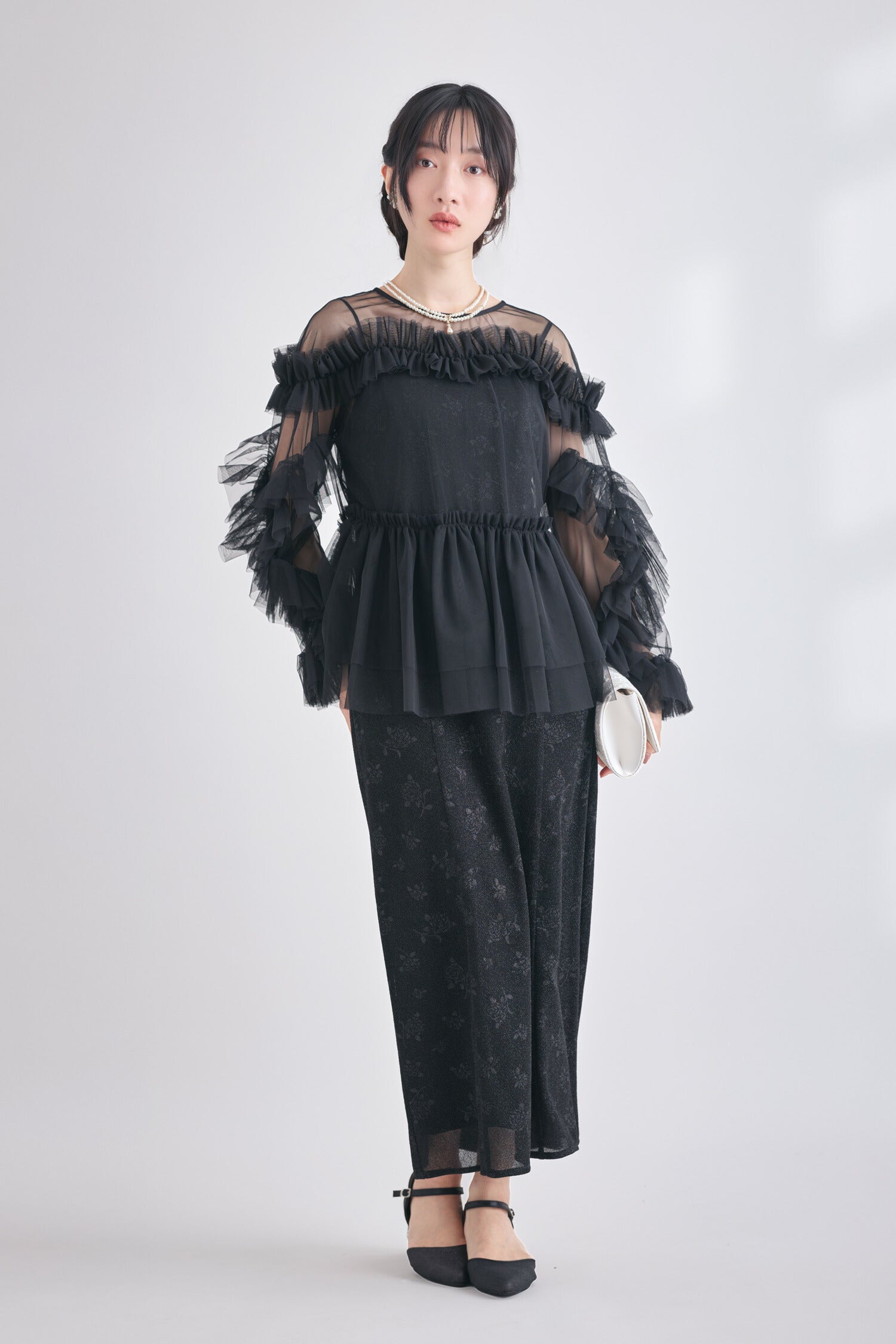 TwinkleGirls フリルチュールトップス×ジャカードキャミソールドレス セットアップ レディース オールシーズン 2点セット ブラック M/L partydress1010