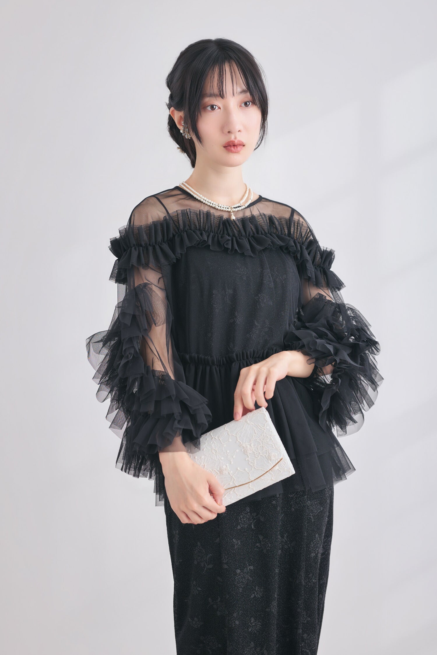 TwinkleGirls フリルチュールトップス×ジャカードキャミソールドレス セットアップ レディース オールシーズン 2点セット ブラック M/L partydress1010