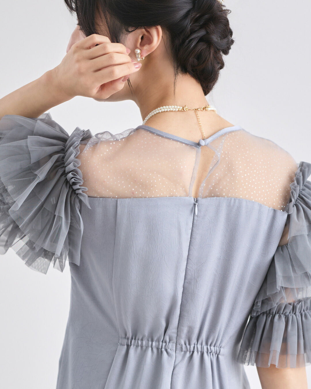 ワイドパンツパンツドレスレディース結婚式お呼ばれパーティーチュール袖シアー袖細見え体型カバー上品ブラック/チャコールグレーS/Mパーティードレス