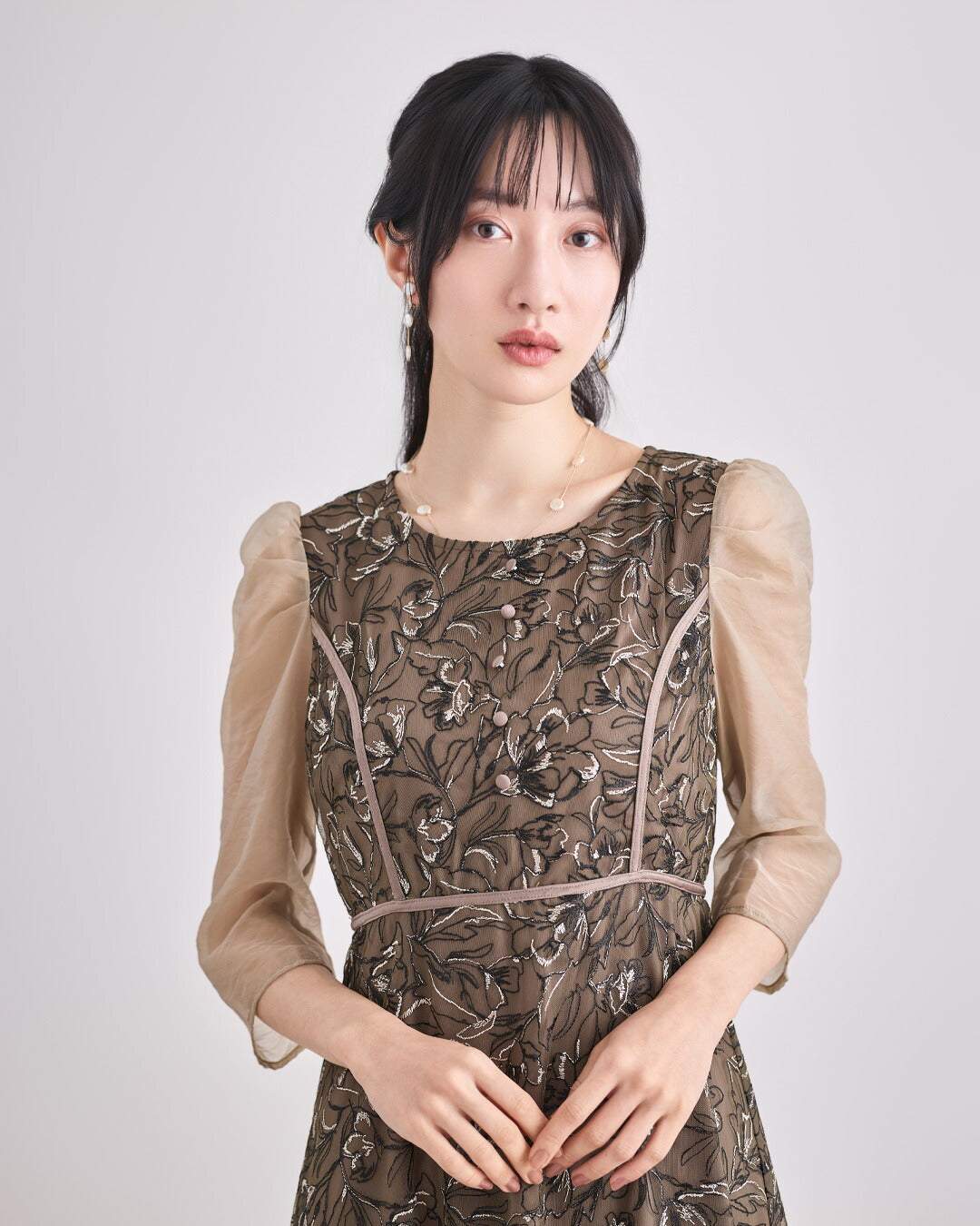 ドレスパーティードレス結婚式ワンピースお呼ばれロング春夏フォーマルプリーツパーティーレースロングドレス袖あり大きいサイズ