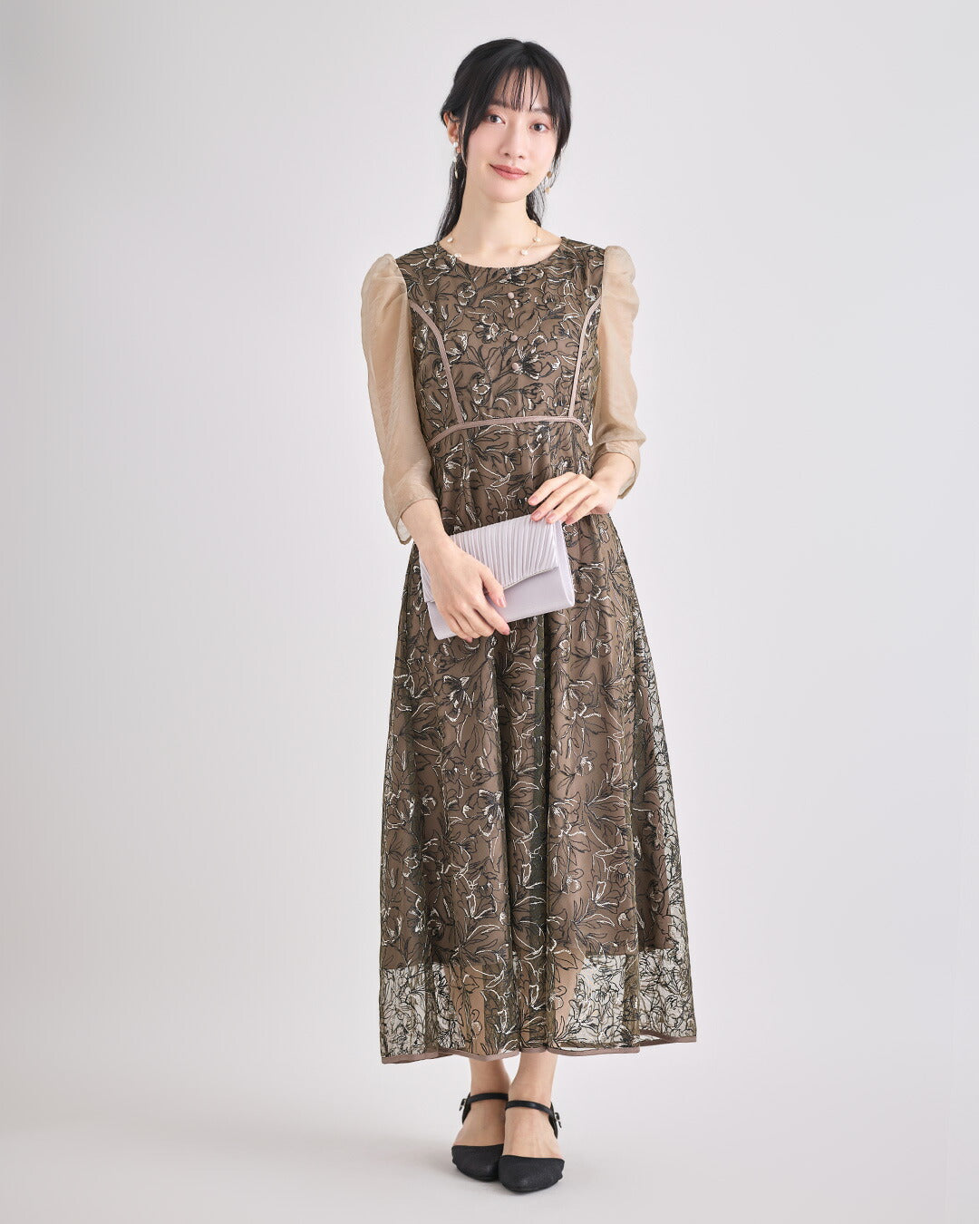 ドレスパーティードレス結婚式ワンピースお呼ばれロング春夏フォーマルプリーツパーティーレースロングドレス袖あり大きいサイズ