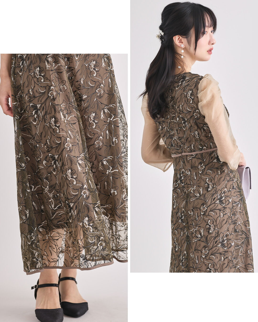 ドレスパーティードレス結婚式ワンピースお呼ばれロング春夏フォーマルプリーツパーティーレースロングドレス袖あり大きいサイズ