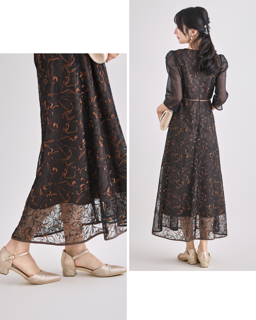 ドレスパーティードレス結婚式ワンピースお呼ばれロング春夏フォーマルプリーツパーティーレースロングドレス袖あり大きいサイズ