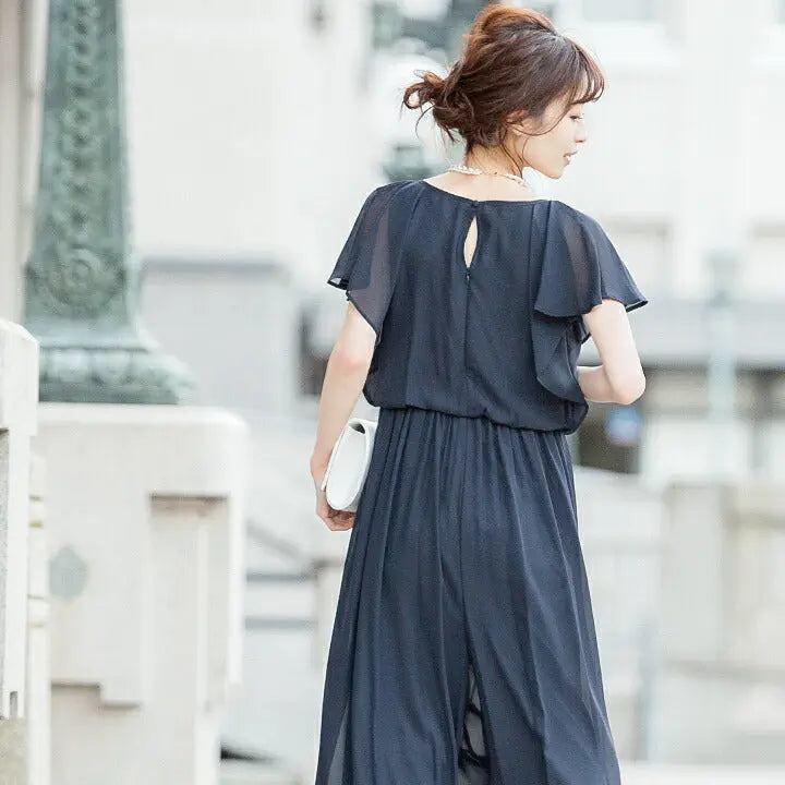 パーティードレス結婚式/パンツドレス/ドレス/秋冬/お呼ばれセットアップ/パンツスタイル/シフォン/サテン/ラッフル/ベージュ/ブラック/グリーン/ネイビー/Mサイズ/9号/Lサイズ/11号