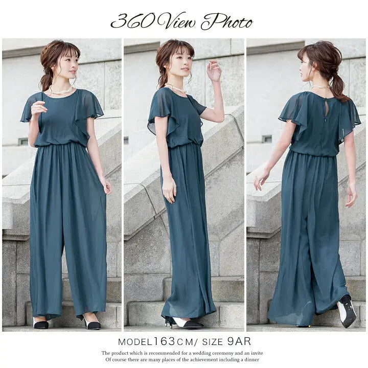 パーティードレス結婚式/パンツドレス/ドレス/秋冬/お呼ばれセットアップ/パンツスタイル/シフォン/サテン/ラッフル/ベージュ/ブラック/グリーン/ネイビー/Mサイズ/9号/Lサイズ/11号