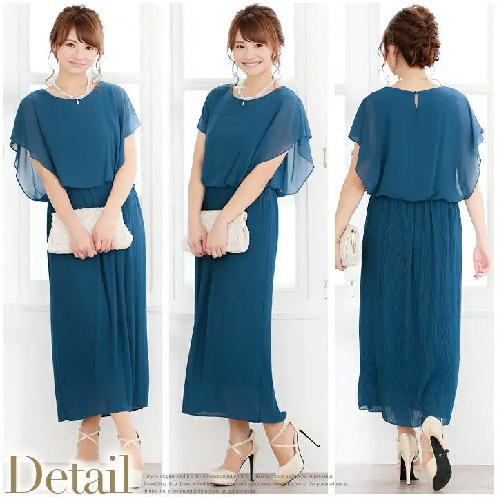 パーティードレスミモレ丈袖あり膝丈結婚式ワンピースロングパーティドレス20代30代ドレスゲスト大人二次会長袖ネイビー