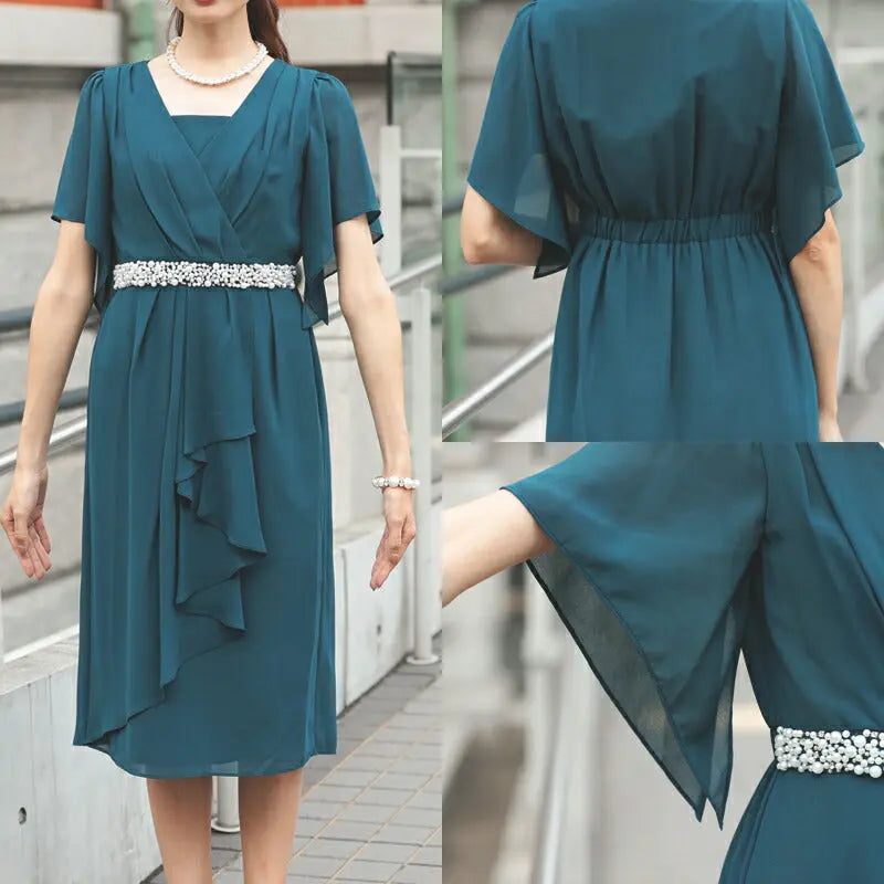 結婚式ワンピースパーティードレスミモレ丈ロング丈袖ありレディースドレスミモレ丈ワンピース