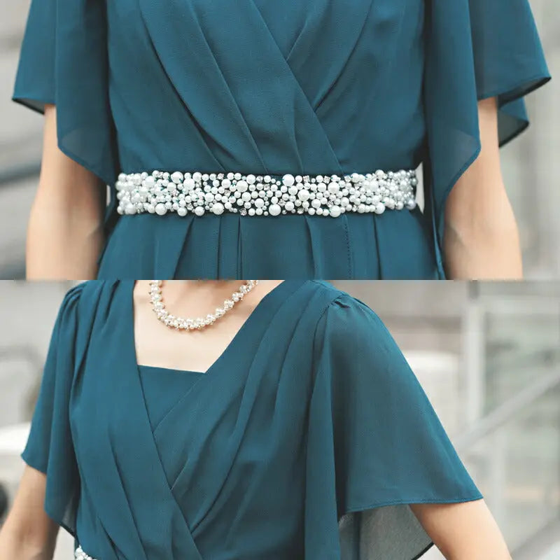 結婚式ワンピースパーティードレスミモレ丈ロング丈袖ありレディースドレスミモレ丈ワンピース