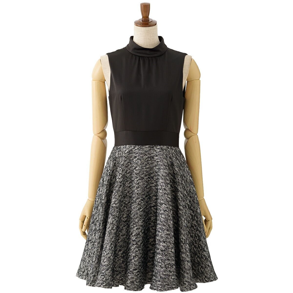 パーティードレス 結婚式/ワンピース/ドレス/春夏/20代/30代/お呼ばれフレアスカート/Aライン/膝丈/ハイネック/ジャガードベージュ/シルバー/ブラック/Mサイズ/9号 パーティードレス通販TwinkleGIrls