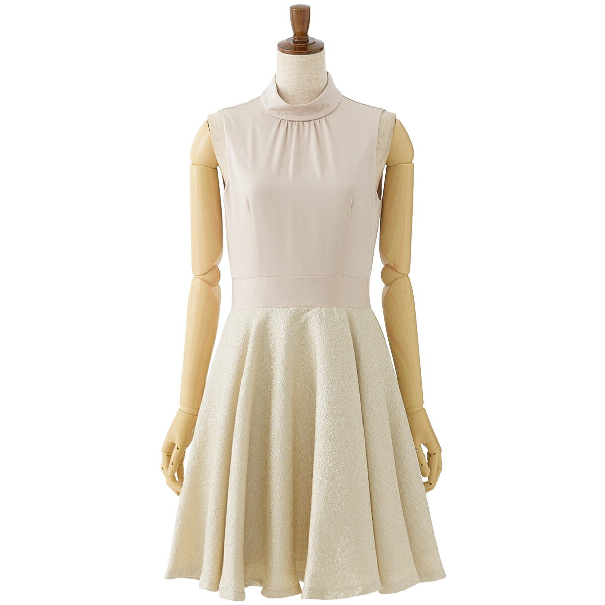 パーティードレス 結婚式/ワンピース/ドレス/春夏/20代/30代/お呼ばれフレアスカート/Aライン/膝丈/ハイネック/ジャガードベージュ/シルバー/ブラック/Mサイズ/9号 パーティードレス通販TwinkleGIrls