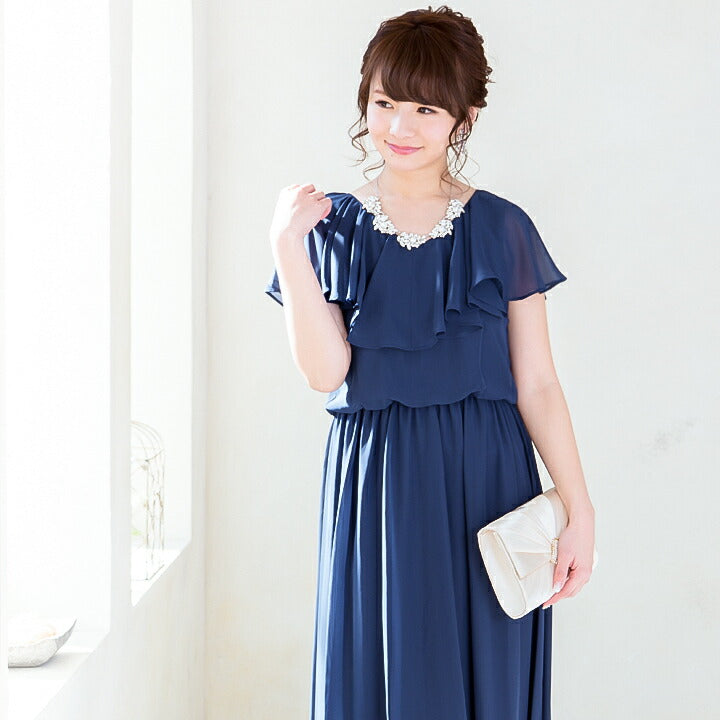 ミモレ丈パーティードレスロング丈/ロング/秋冬膝下丈/ブラウジング/シフォン/袖あり/ラッフル/ラッフル袖全4色M/L/LL/3L/