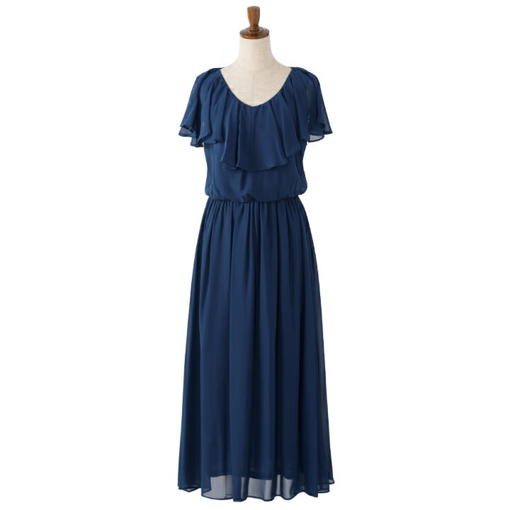 ミモレ丈パーティードレス ロング丈/ロング/春夏 膝下丈/ブラウジング/シフォン/袖あり/ラッフル/ラッフル袖 全4色 M/L/LL/3L/ パーティードレス通販TwinkleGIrls