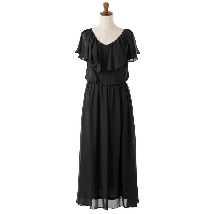 ミモレ丈パーティードレス ロング丈/ロング/春夏 膝下丈/ブラウジング/シフォン/袖あり/ラッフル/ラッフル袖 全4色 M/L/LL/3L/ パーティードレス通販TwinkleGIrls