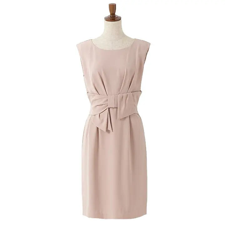 パーティードレス結婚式/ワンピース/ドレス/秋冬/お呼ばれフィットライン/膝丈/ジョーゼット/サテン/アムンゼン/リボン/ピンク/グリーン/ベージュ/ネイビー/Mサイズ/9号