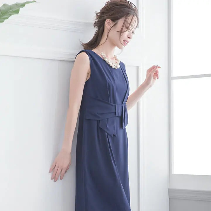 パーティードレス結婚式/ワンピース/ドレス/秋冬/お呼ばれフィットライン/膝丈/ジョーゼット/サテン/アムンゼン/リボン/ピンク/グリーン/ベージュ/ネイビー/Mサイズ/9号