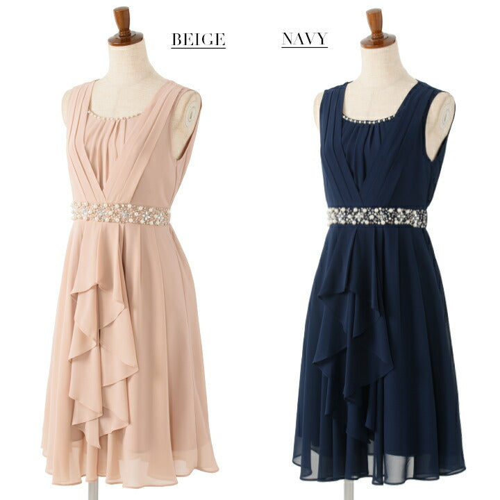 パーティードレス フィット&フレアドレス結婚式 ワンピース ドレス 春夏 膝丈/フレアスカート/ドレープ/パール/ビジュー 全3色 M/L