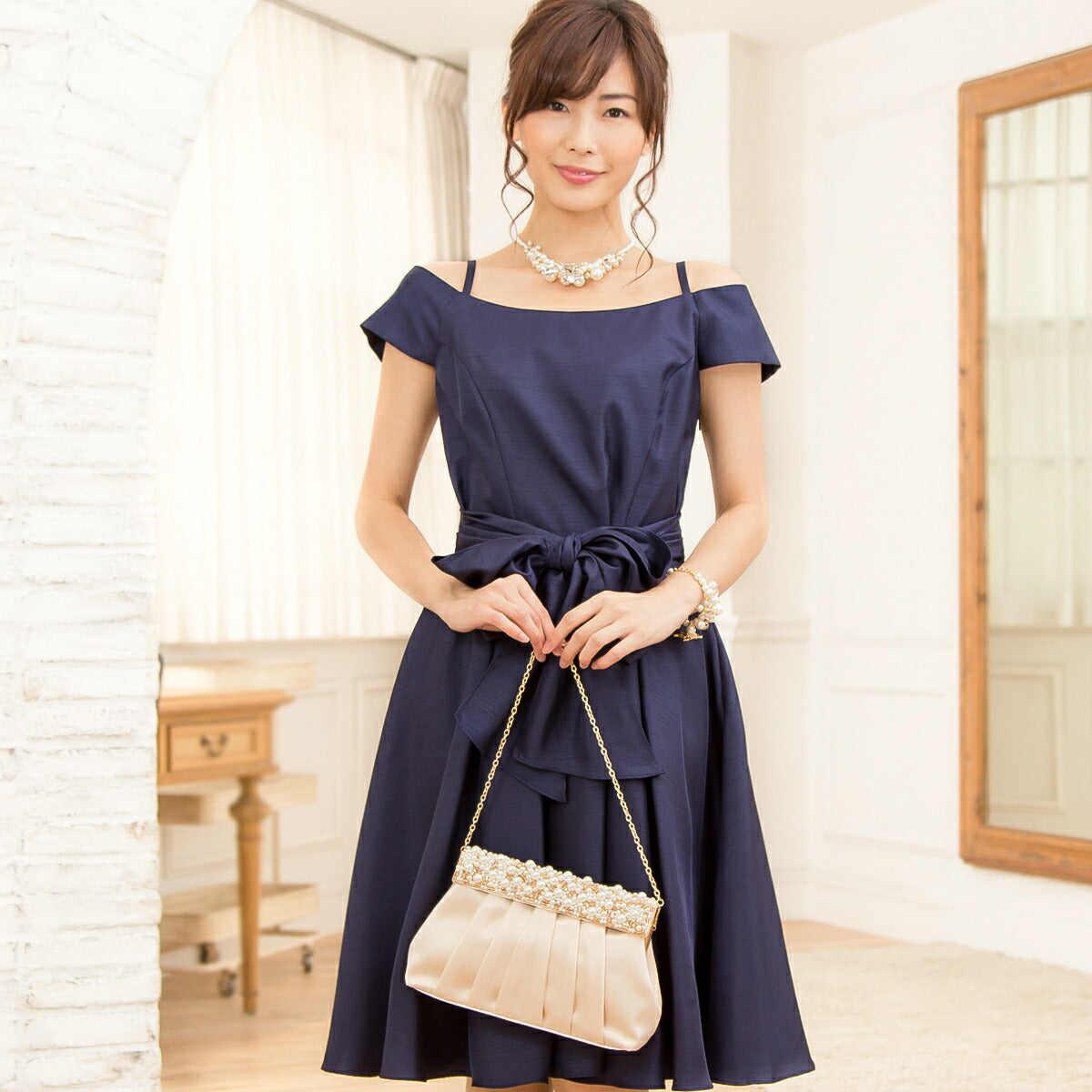 パーティードレス結婚式/ワンピース/ドレス/秋冬/20代/30代/お呼ばれAライン/膝丈/オフショルダー/シャンタン生地/リボン/編み上げグリーン/ネイビー/ブラック/ブルー/Mサイズ/9号