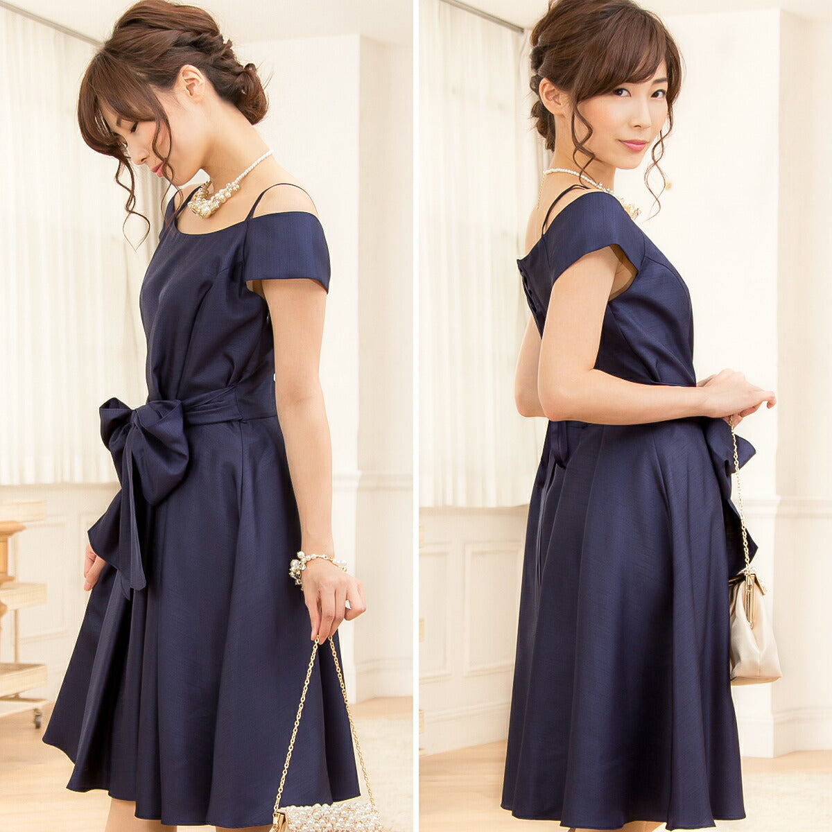 パーティードレス結婚式/ワンピース/ドレス/秋冬/20代/30代/お呼ばれAライン/膝丈/オフショルダー/シャンタン生地/リボン/編み上げグリーン/ネイビー/ブラック/ブルー/Mサイズ/9号