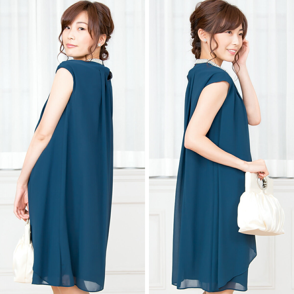 パーティードレス結婚式/ワンピース/ドレス/秋冬/20代/30代/お呼ばれラッフルフリル/Iライン/膝丈/パール/ビジュー/シフォン/サテン/グリーン/コーラルピンク/ネイビー/Mサイズ/9号