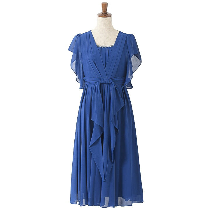 パーティードレス 結婚式/シフォンドレス/ドレス/春夏/お呼ばれＡライン/ミモレ丈/シフォン/サテン/ドレープ/ラッフル袖/ブルー/ピンク/グリーン/ネイビー/Mサイズ/9号/Lサイズ/11号/LLサイズ/13号 パーティードレス通販TwinkleGirls