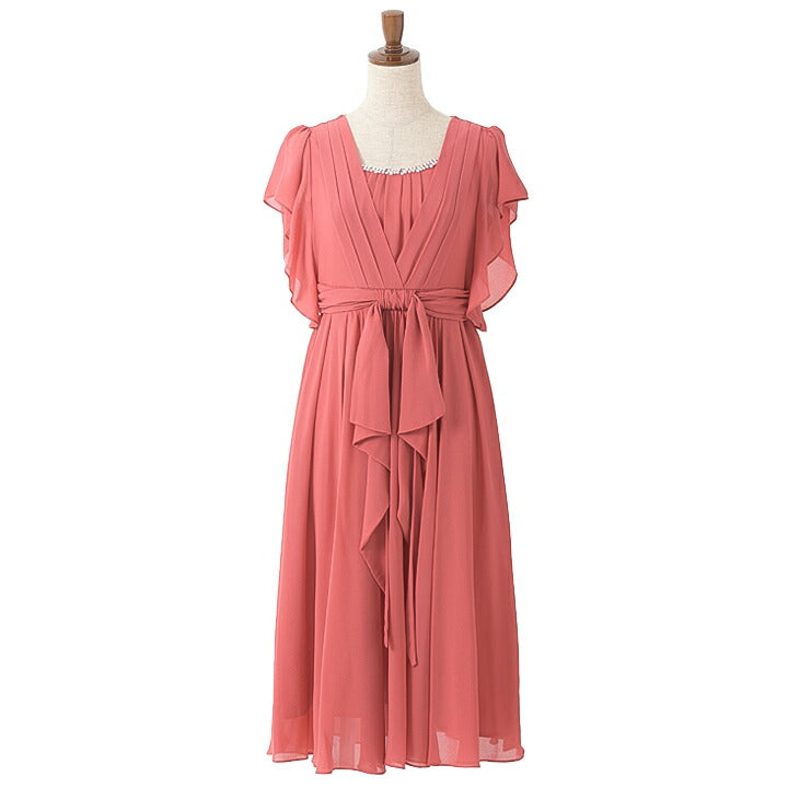 パーティードレス 結婚式/シフォンドレス/ドレス/春夏/お呼ばれＡライン/ミモレ丈/シフォン/サテン/ドレープ/ラッフル袖/ブルー/ピンク/グリーン/ネイビー/Mサイズ/9号/Lサイズ/11号/LLサイズ/13号 パーティードレス通販TwinkleGirls