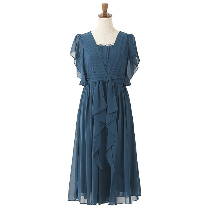 パーティードレス 結婚式/シフォンドレス/ドレス/春夏/お呼ばれＡライン/ミモレ丈/シフォン/サテン/ドレープ/ラッフル袖/ブルー/ピンク/グリーン/ネイビー/Mサイズ/9号/Lサイズ/11号/LLサイズ/13号 パーティードレス通販TwinkleGIrls