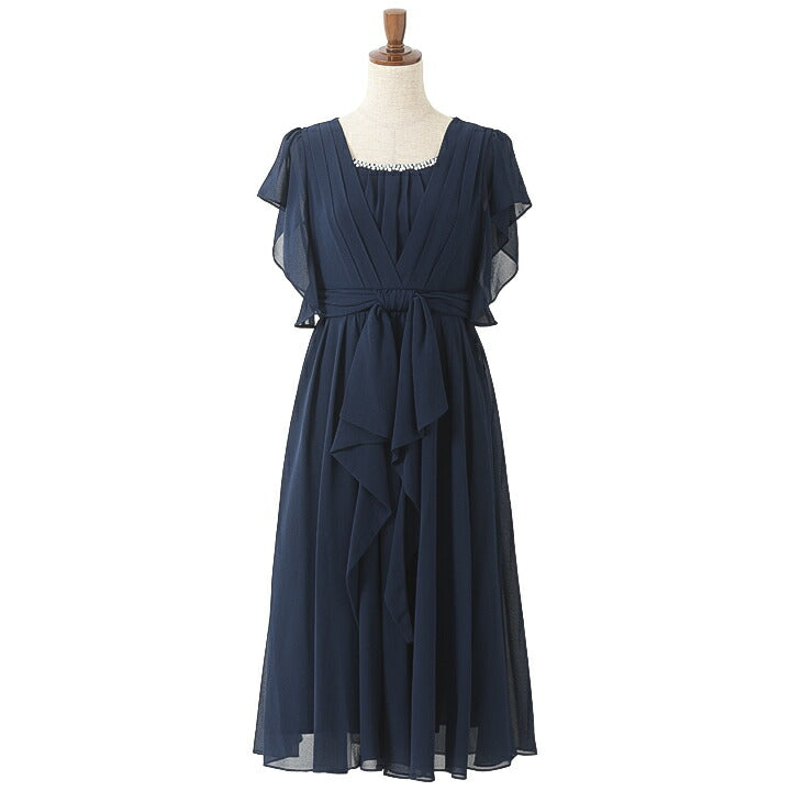 パーティードレス 結婚式/シフォンドレス/ドレス/春夏/お呼ばれＡライン/ミモレ丈/シフォン/サテン/ドレープ/ラッフル袖/ブルー/ピンク/グリーン/ネイビー/Mサイズ/9号/Lサイズ/11号/LLサイズ/13号 パーティードレス通販TwinkleGIrls