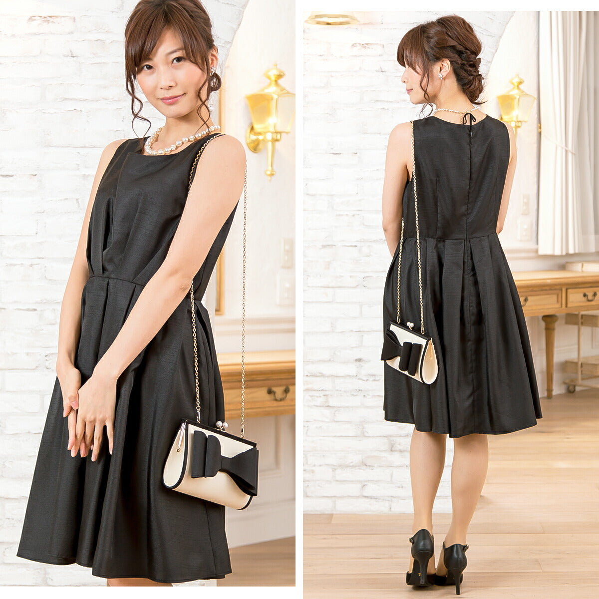 パーティードレス結婚式/ワンピース/ドレス/秋冬/お呼ばれＡラインドレス/オーガンジーチェック/シャンタン/サテン/オーバースカート/3way/リボン/ピンク/ネイビー/ブラック/Mサイズ/9号