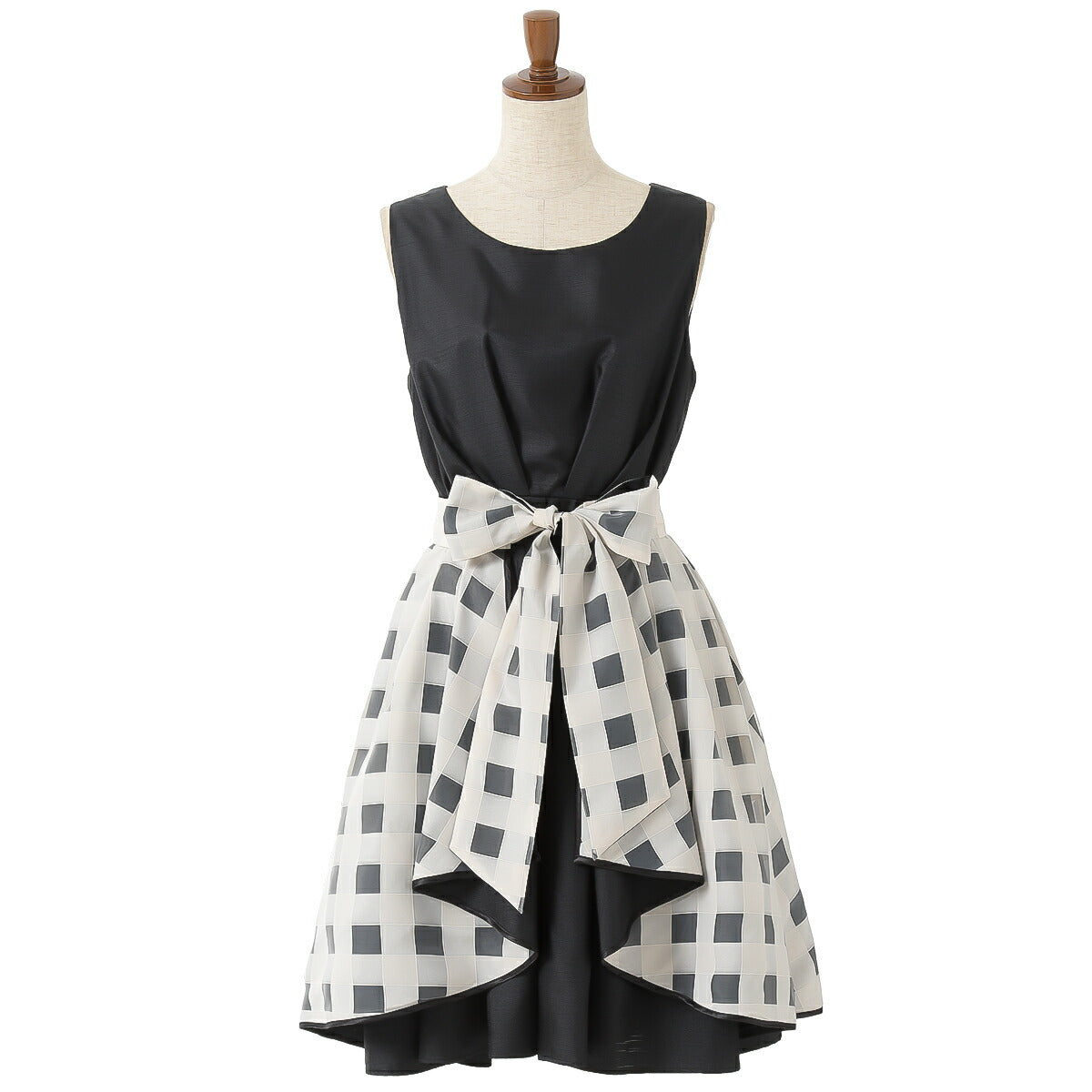 パーティードレス 結婚式/ワンピース/ドレス/春夏/お呼ばれＡラインドレス/オーガンジーチェック/シャンタン/サテン/オーバースカート/3way/リボン/ ピンク/ネイビー/ブラック/Mサイズ/9号 パーティードレス通販TwinkleGIrls