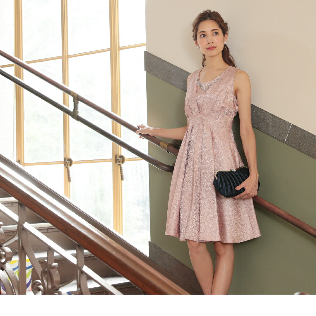 パーティードレス結婚式/ワンピース/ドレス/秋冬/20代/30代/お呼ばれAライン/膝丈/ネックレスセット/レースピンクベージュ/ワイン/ネイビー/Mサイズ/9号/