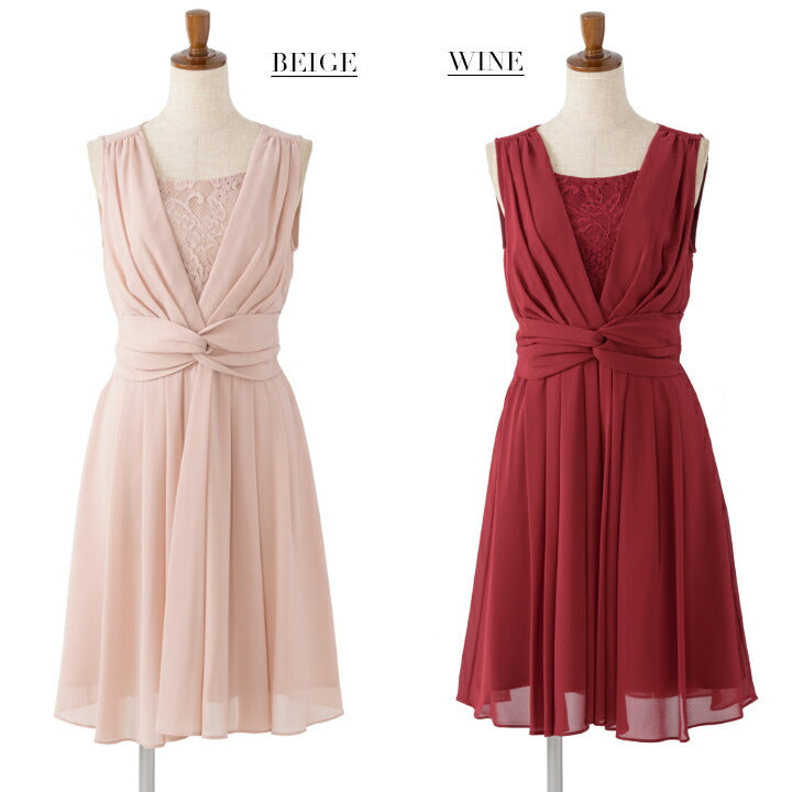 フィット&フレアパーティードレス 結婚式 ワンピース ドレス 春夏 膝丈/レース/シフォン/リボン 全4色 M/L